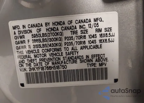 2006 Honda Pilot Ex-L from USA, damaged, VIN 2HKYF18766H518750
